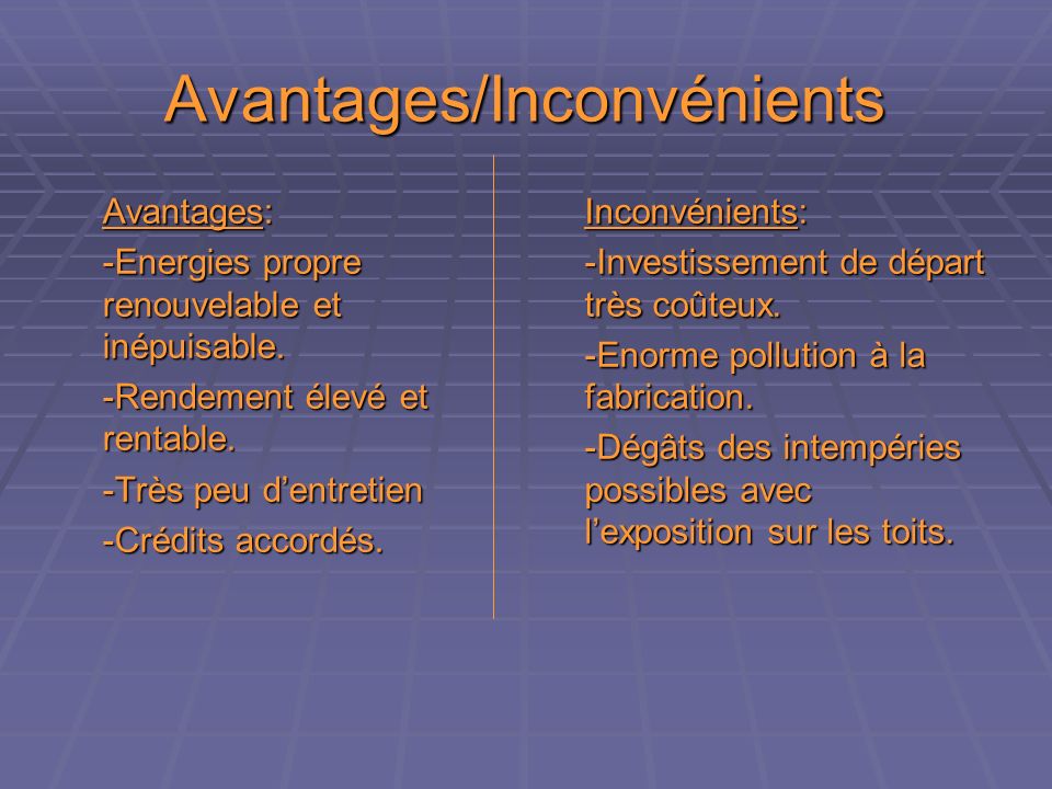 découvrez les avantages et les inconvénients des panneaux photovoltaïques pour vous aider à prendre une décision éclairée sur l'énergie solaire. informez-vous sur leur performance, leur coût, leur impact environnemental et bien plus, afin de maximiser votre investissement dans les énergies renouvelables.